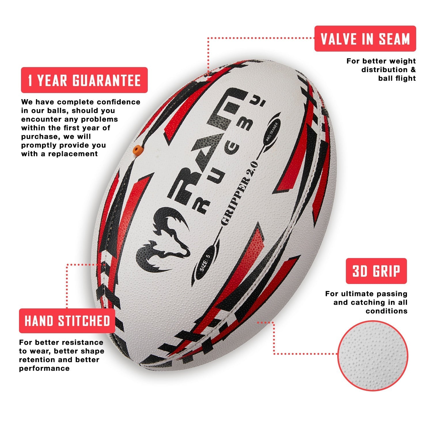 Ram Rugby Skills Ball Bundle displaying five red Size 5 Gripper Pro Trainer rugby balls with carrying backpack and kicking tee.