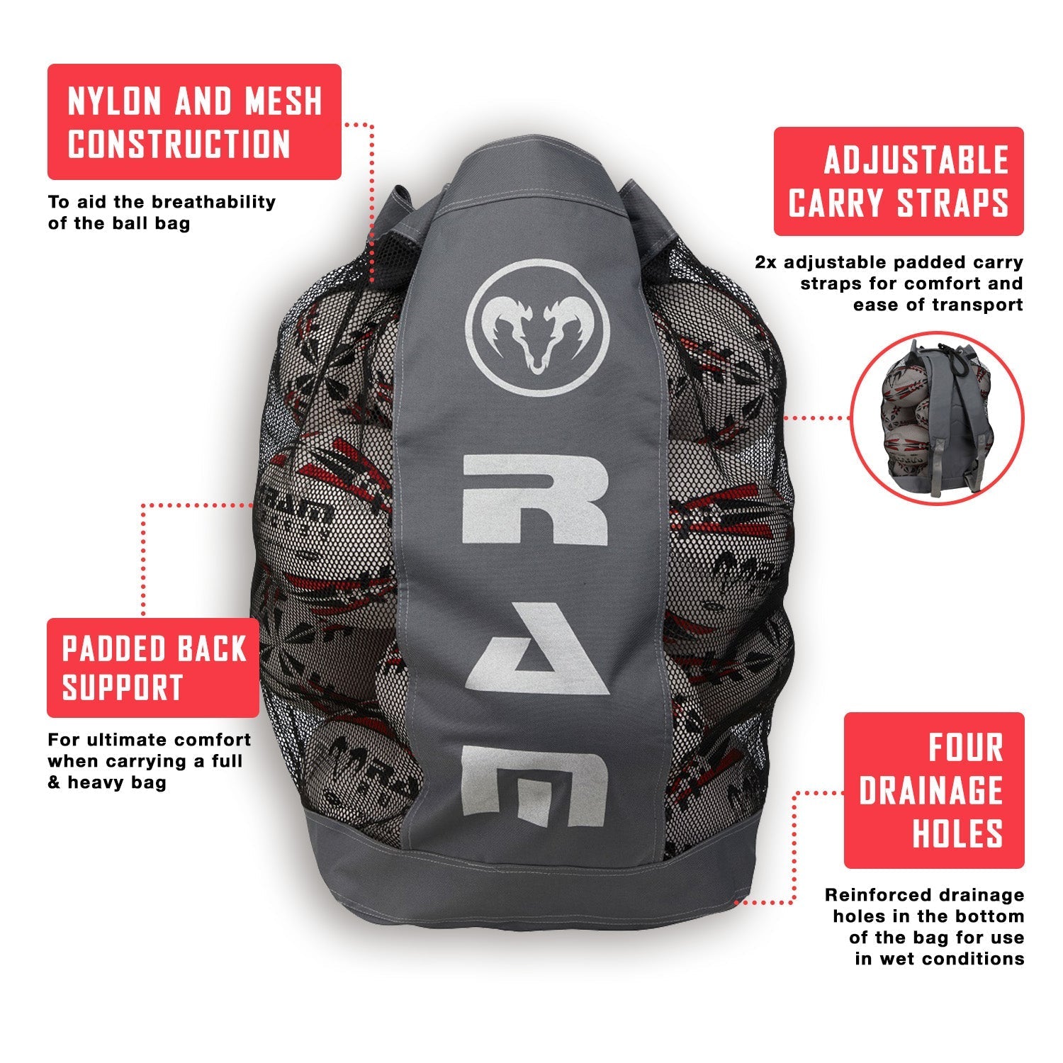 Ram Rugby Skills Ball Bundle with five red Size 5 Gripper 2.0 pro trainer balls, kicking tee, and breathable backpack bag