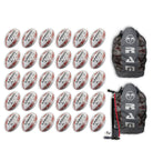 Thirty Ram Rugby Squad Trainer size 5 rugby balls stacked with two black breathable bags for team training storage and transport