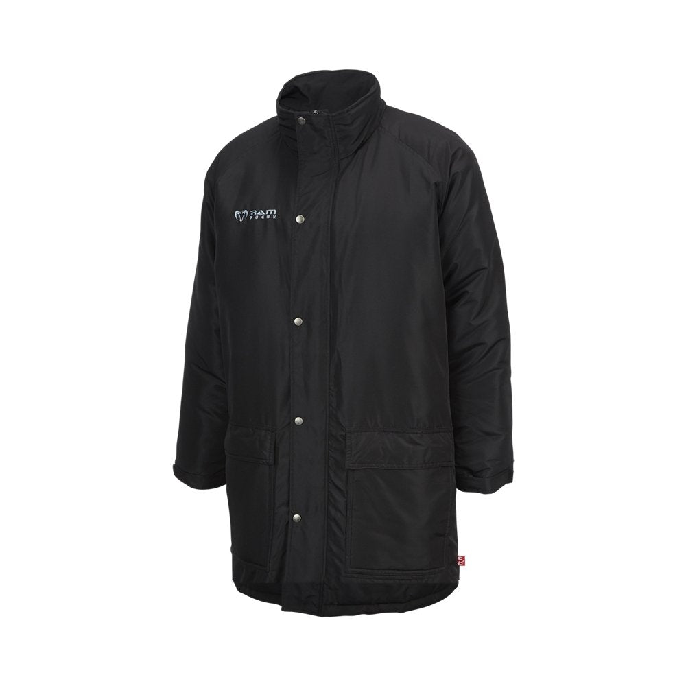 Men's Ram Rugby Custom Stadium Jacket in navy blue 100% polyester with high collar and embroidered logos, standard fit