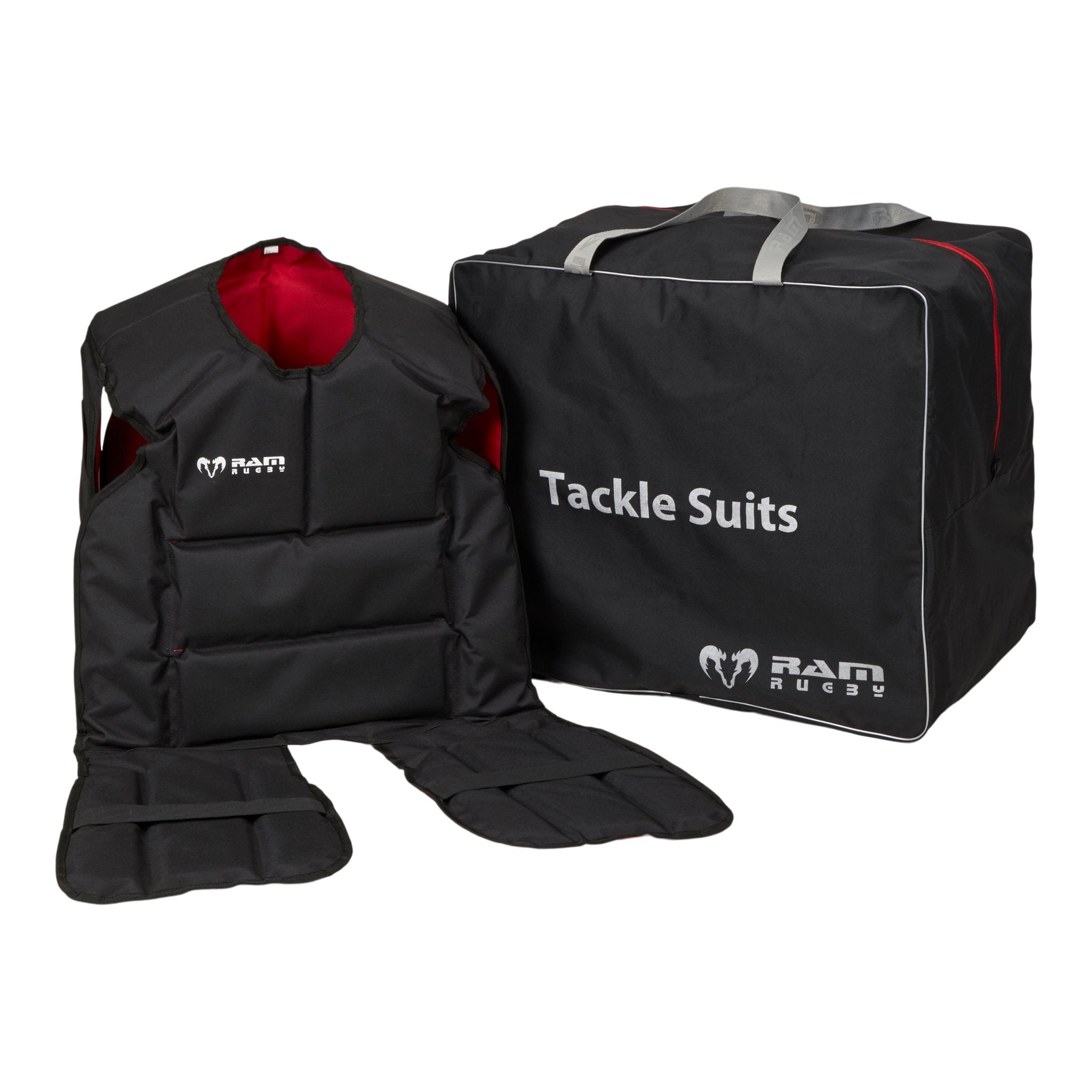 Ram Rugby durable tackle suit carry bag in black, spacious design fits up to 6 contact tops for easy storage and transport