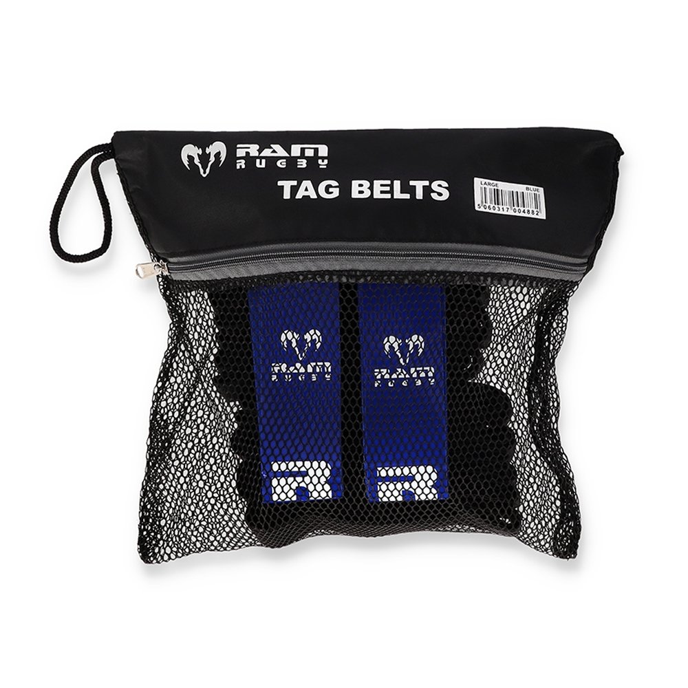 Ram Rugby Tag Rugby set showing 10 small adjustable belts with 20 durable red and blue PVC tags in a compact carry bag