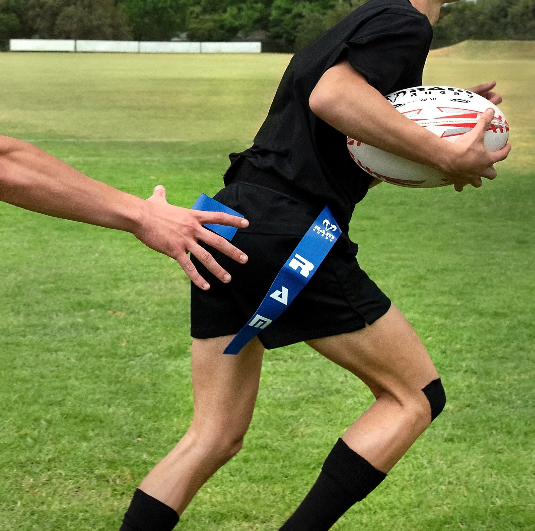 Ram Rugby PVC Tag Rugby Tags 20 pack showing red, blue, and yellow durable 16" x 2" replacement tags for teams