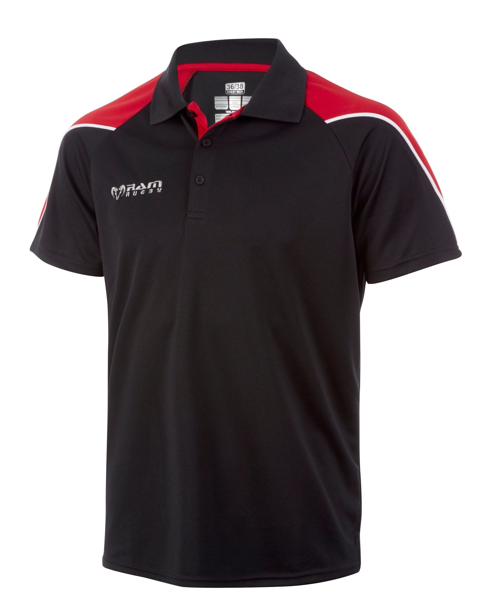 Ram Rugby Technical Polo Shirt in black with moisture-wicking fabric, UPF 30+ sun protection, and a 3-button placket collar